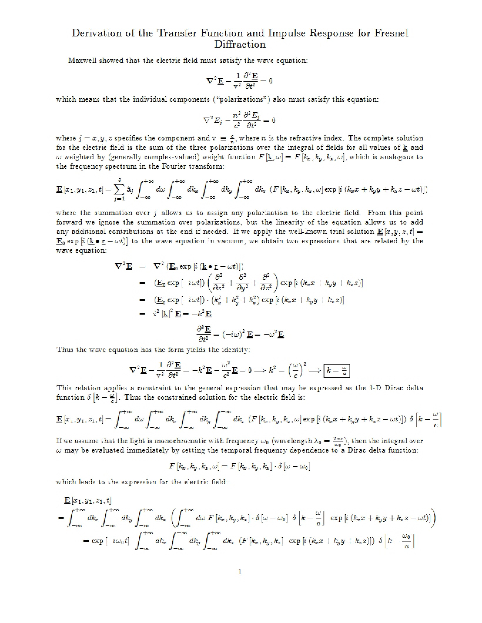 Fresnel Diffraction Impulse Response and Transfer Function Derivation
