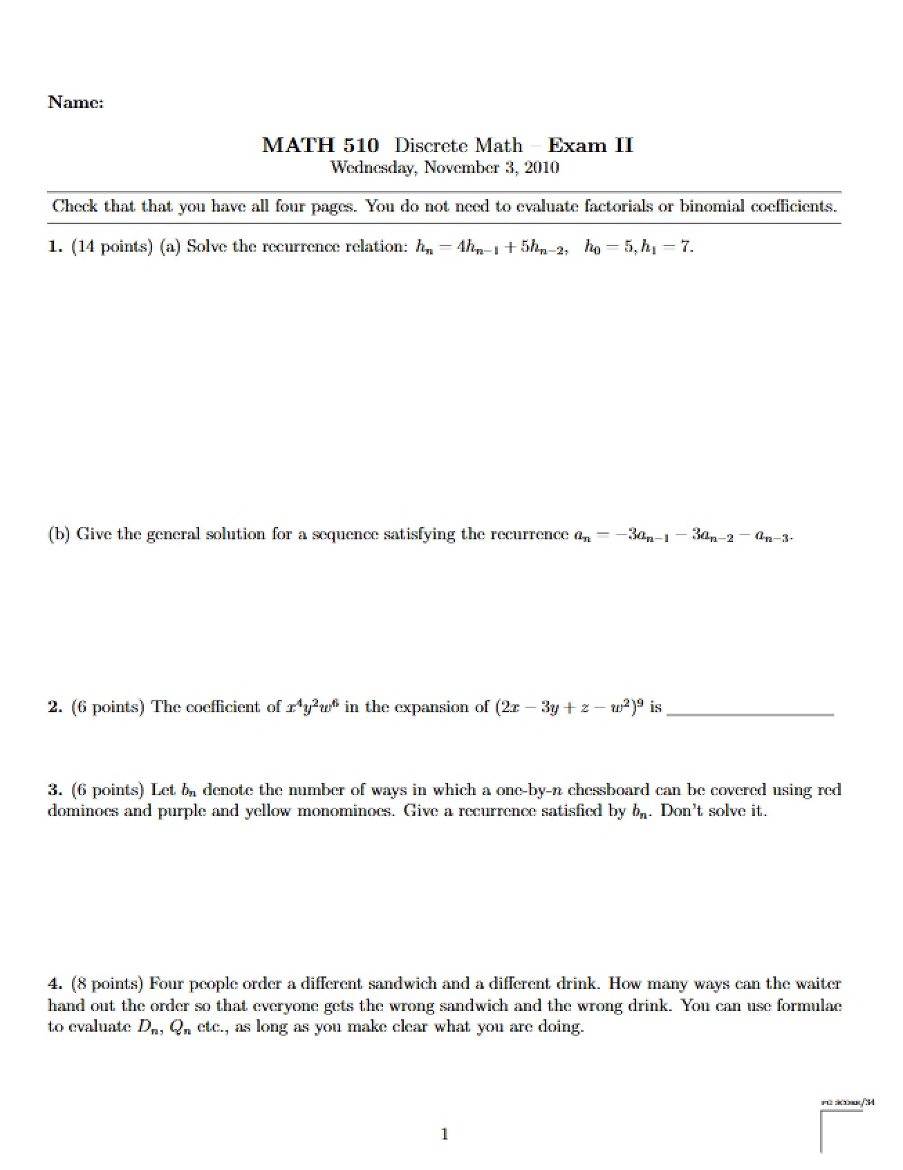 Second Examination in a Discrete Mathematics Course