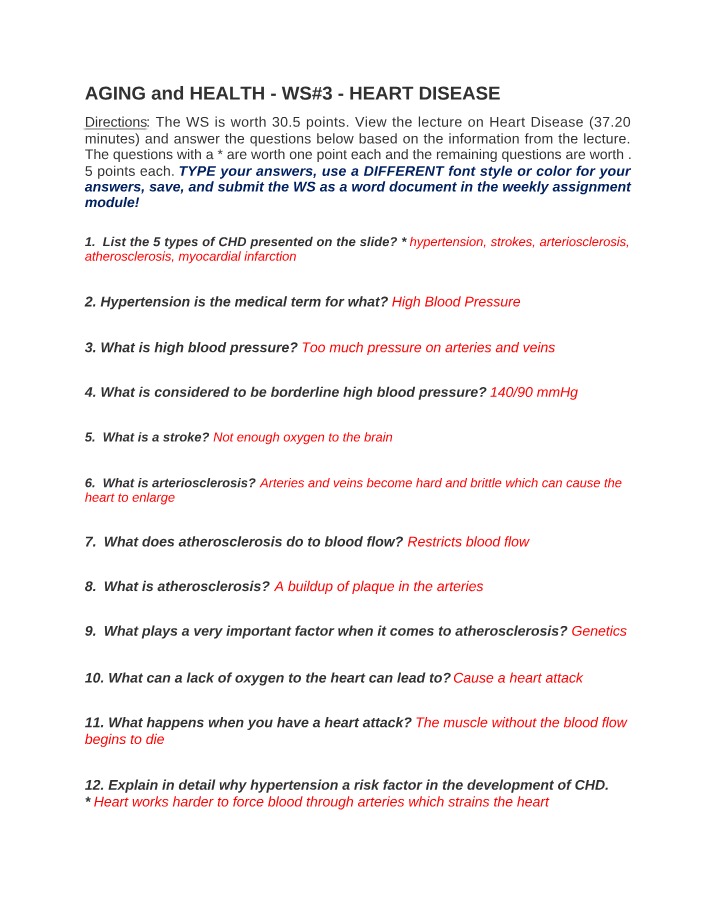 Aging and Health - Heart Disease Worksheet 3