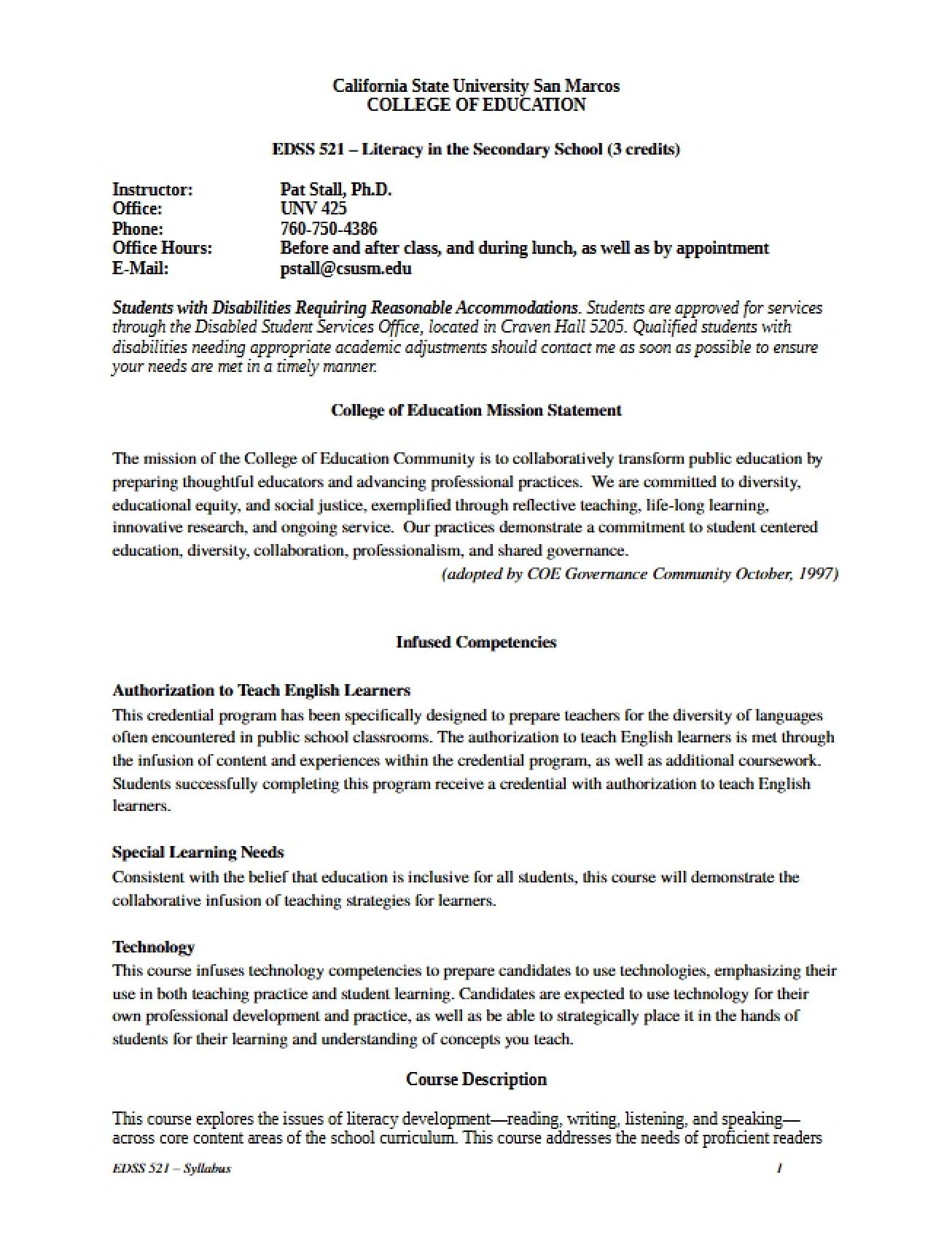 Stall's Syllabus for Literacy in Secondary School