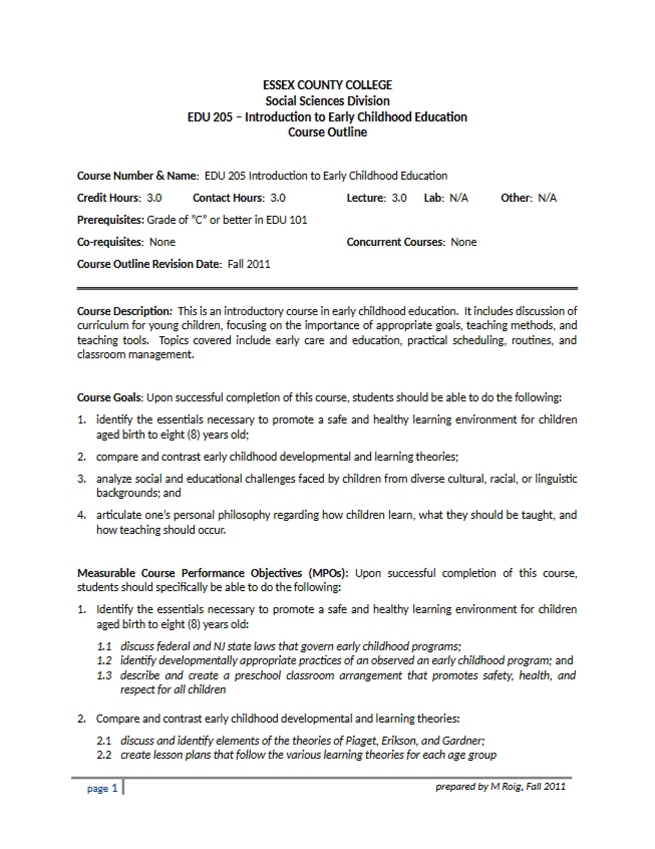 Early Childhood Education Introduction Syllabus