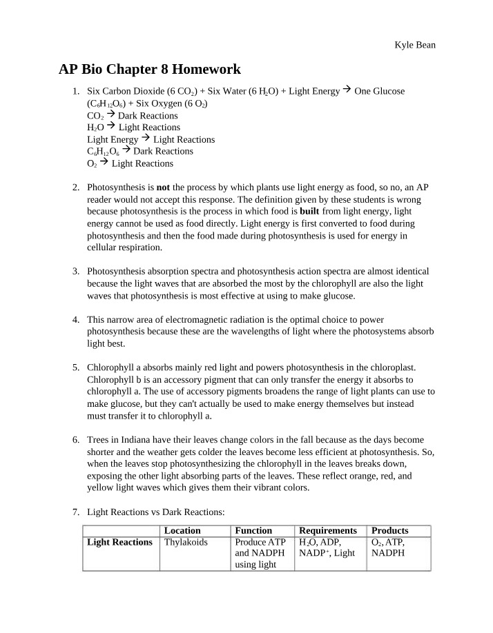Homework for AP Bio Chapter 8