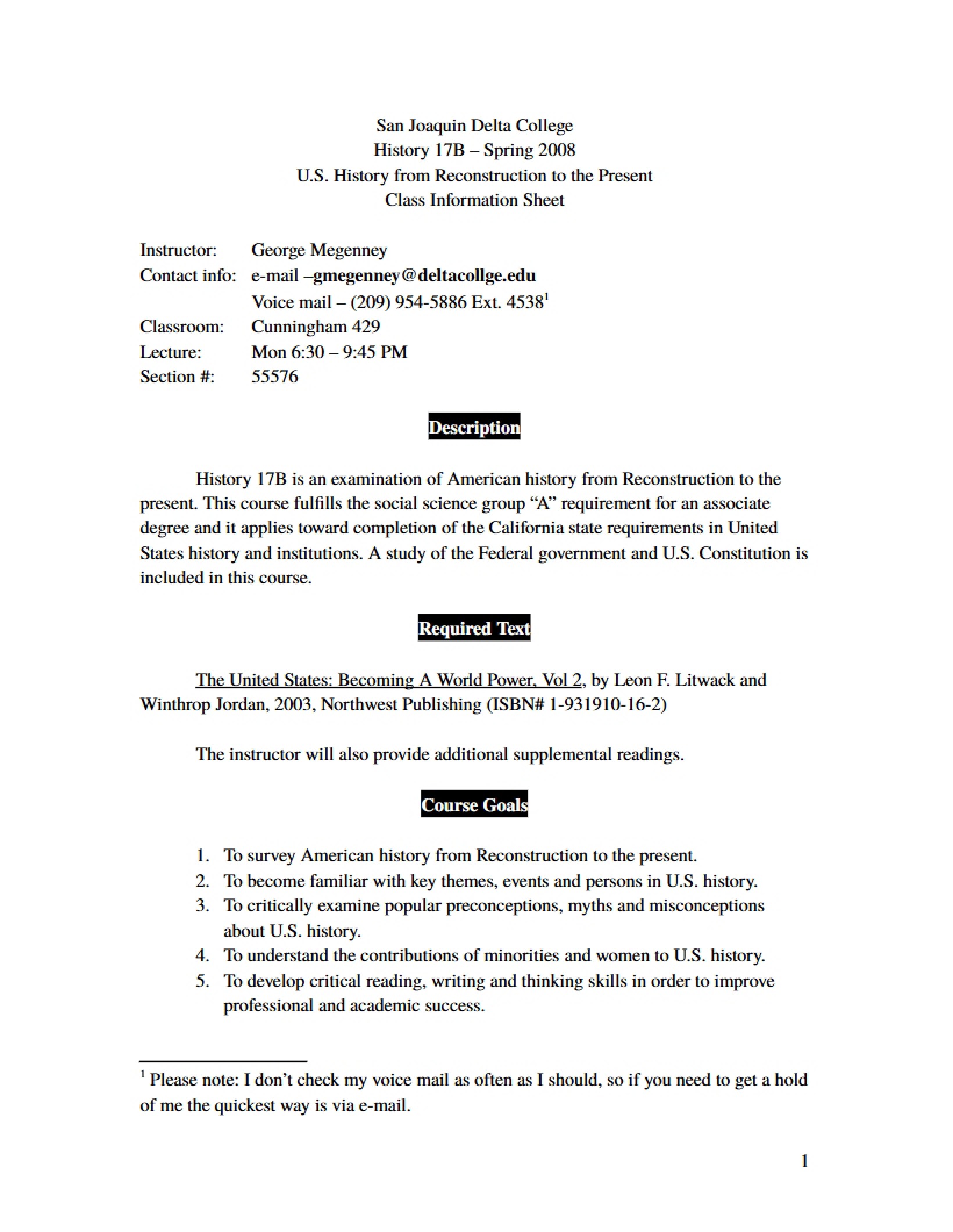 US History 17B Class Info - 11 Pages