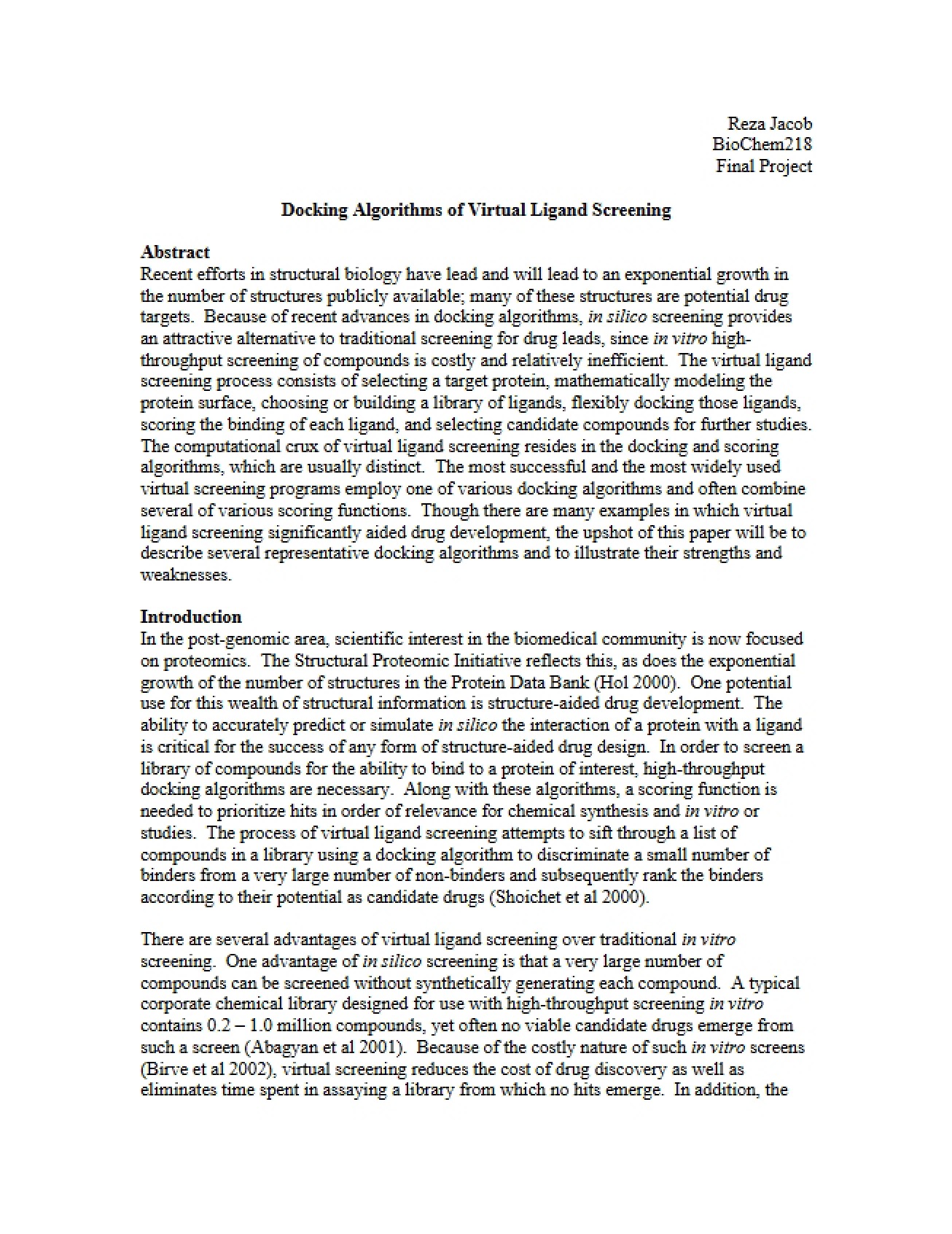 Docking Algorithms for Virtual Ligand Screening