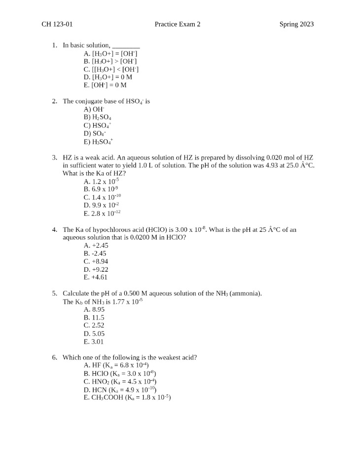 pH Calculations, Weak Acids, and Basic Solution - Practice Exam 2