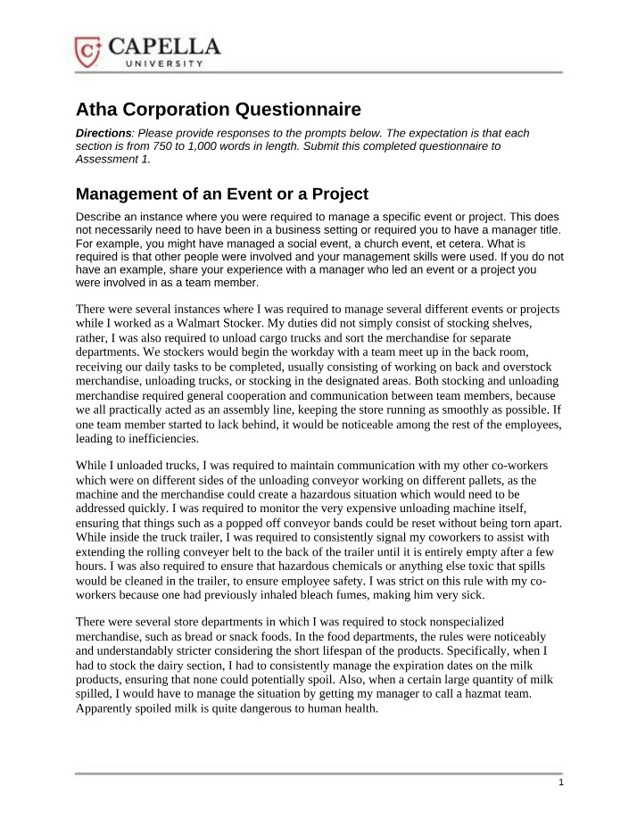 Questionnaire for Atha Corporation