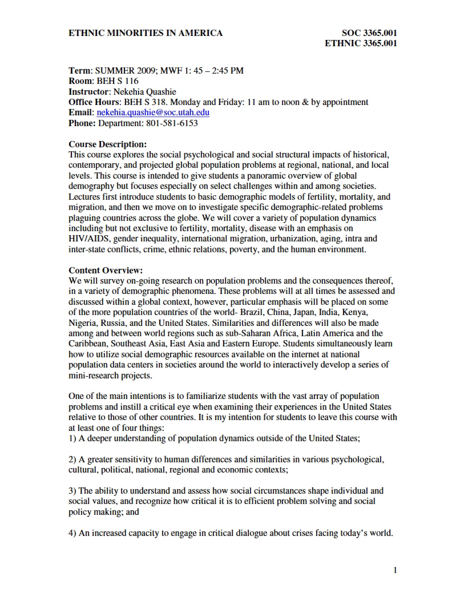 Syllabus Ethnic Minorities in America - Ethnic Minorities Amer