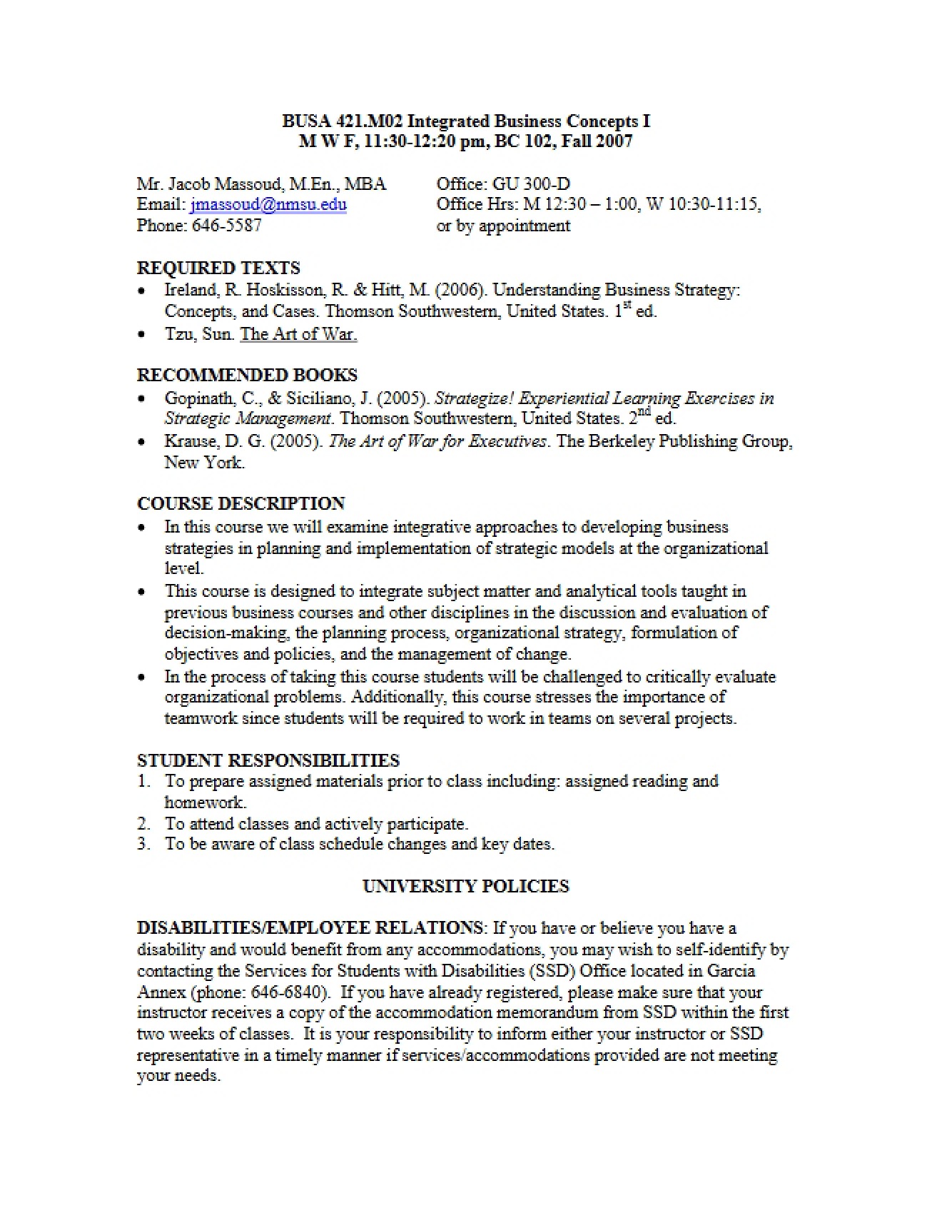 Comprehensive Syllabus for Integrated Business Concepts