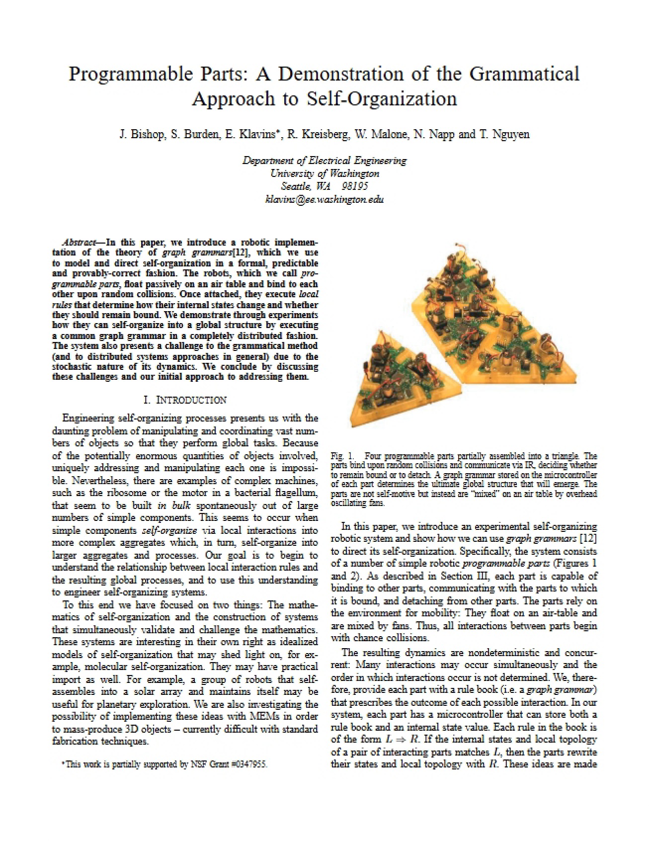 Grammatical Approach to Self-Organization through Programmable Parts