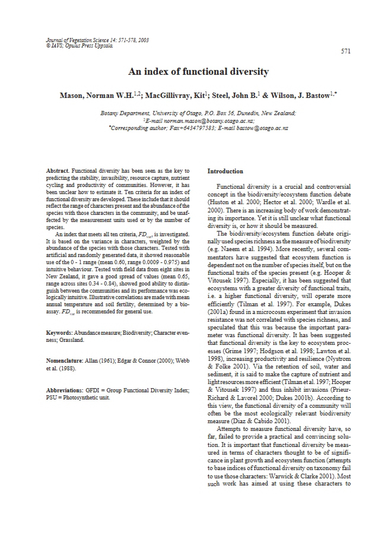 Functional Diversity Index