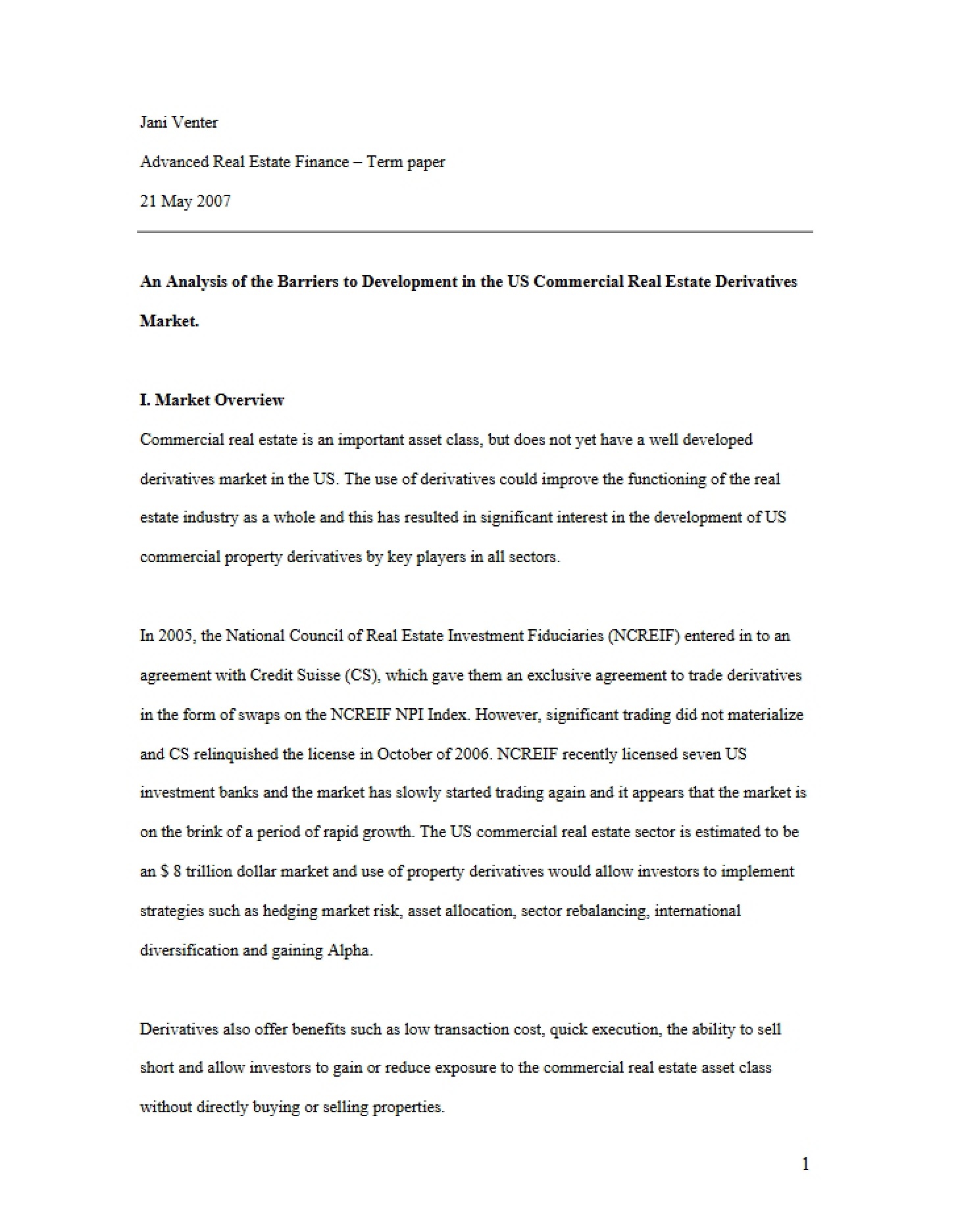 Derivatives Market for US Commercial Real Estate