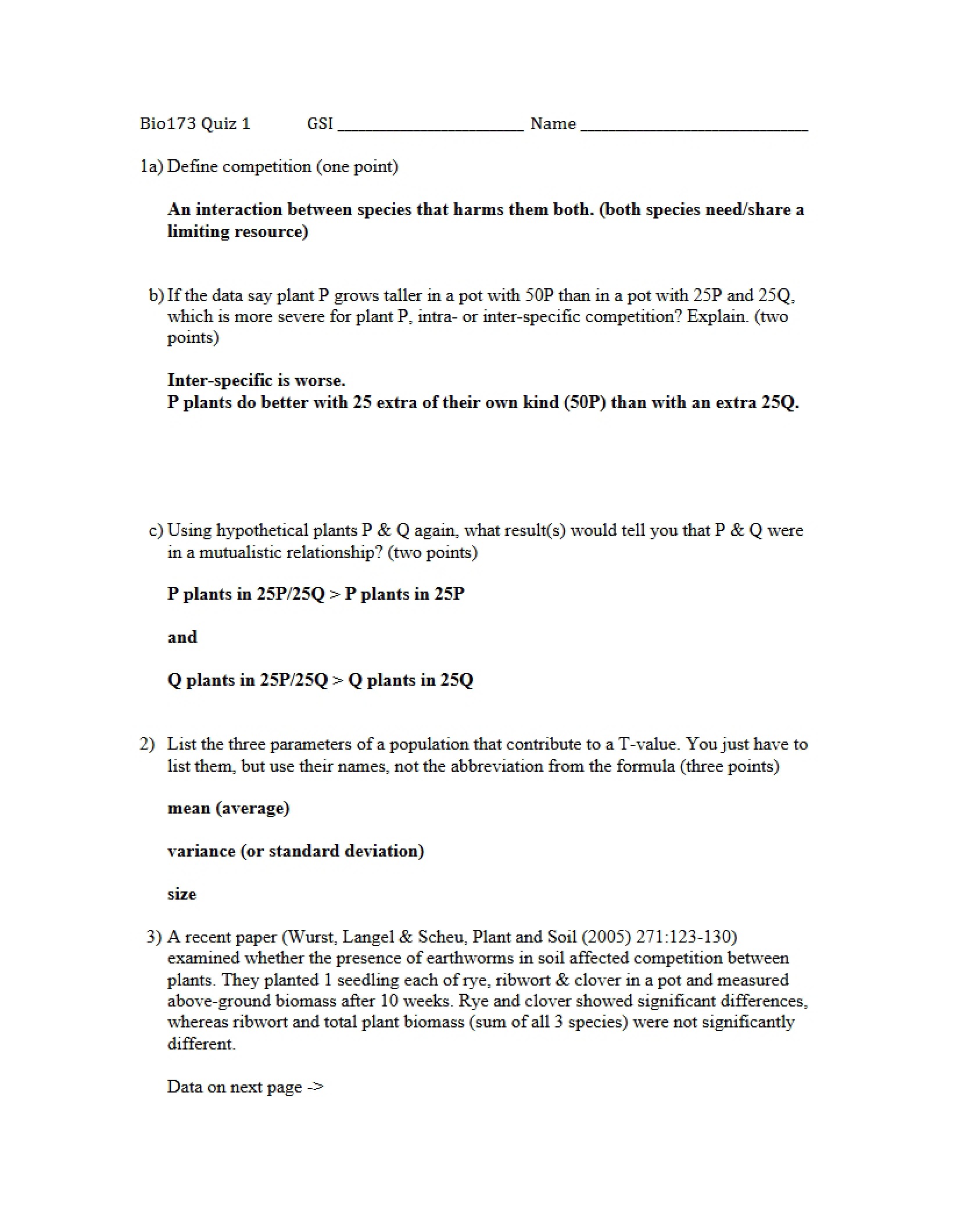 Key for Quiz 2 (Winter 2011)