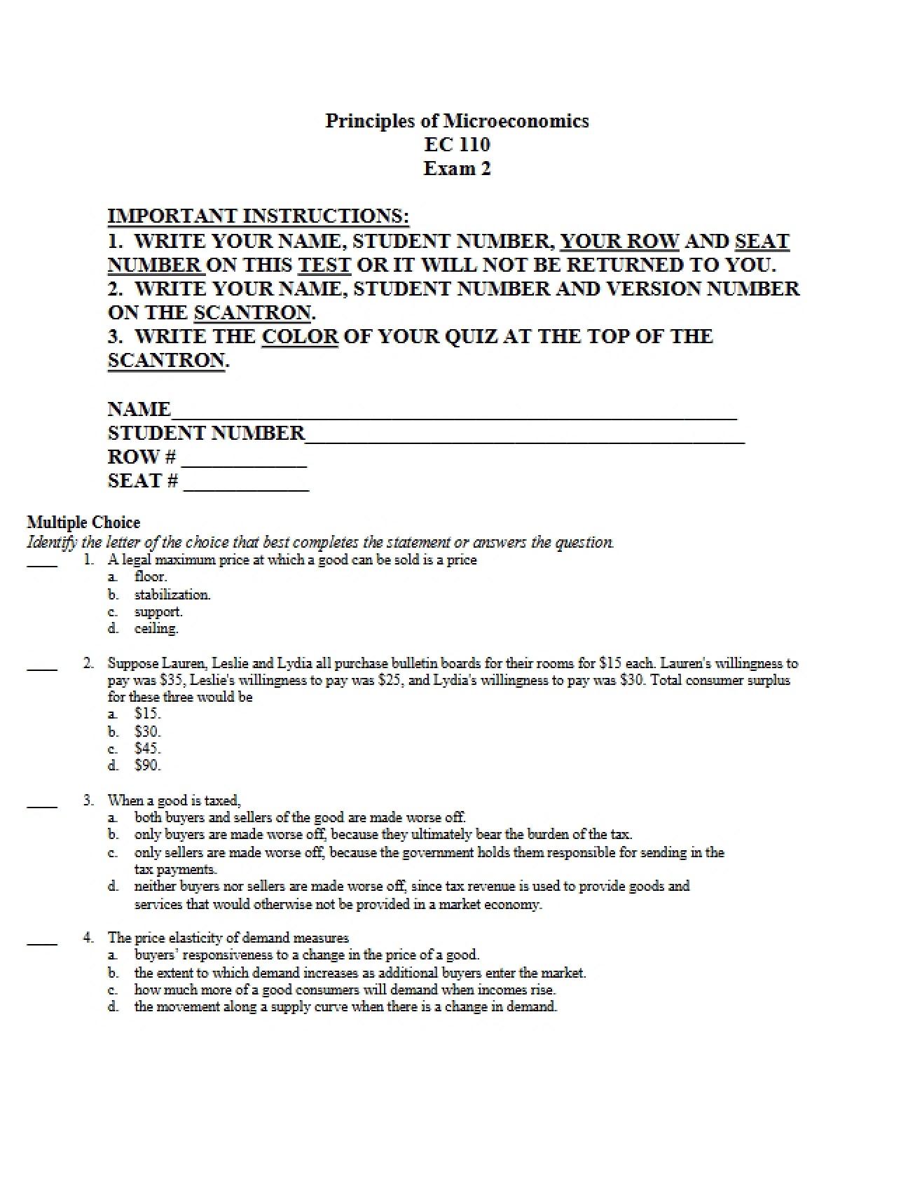 Sample Test for Exam 2
