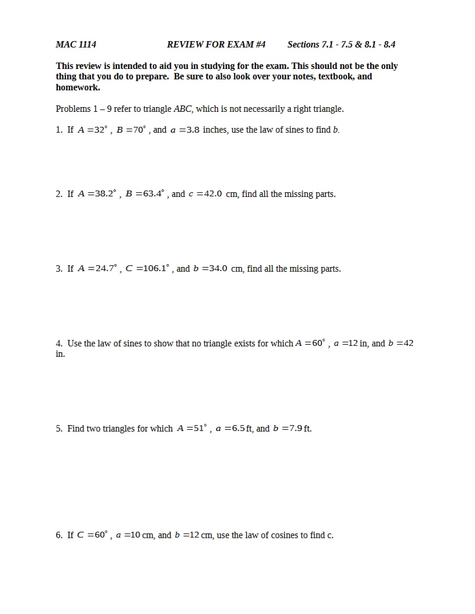Trigonometry Exam 4 Review