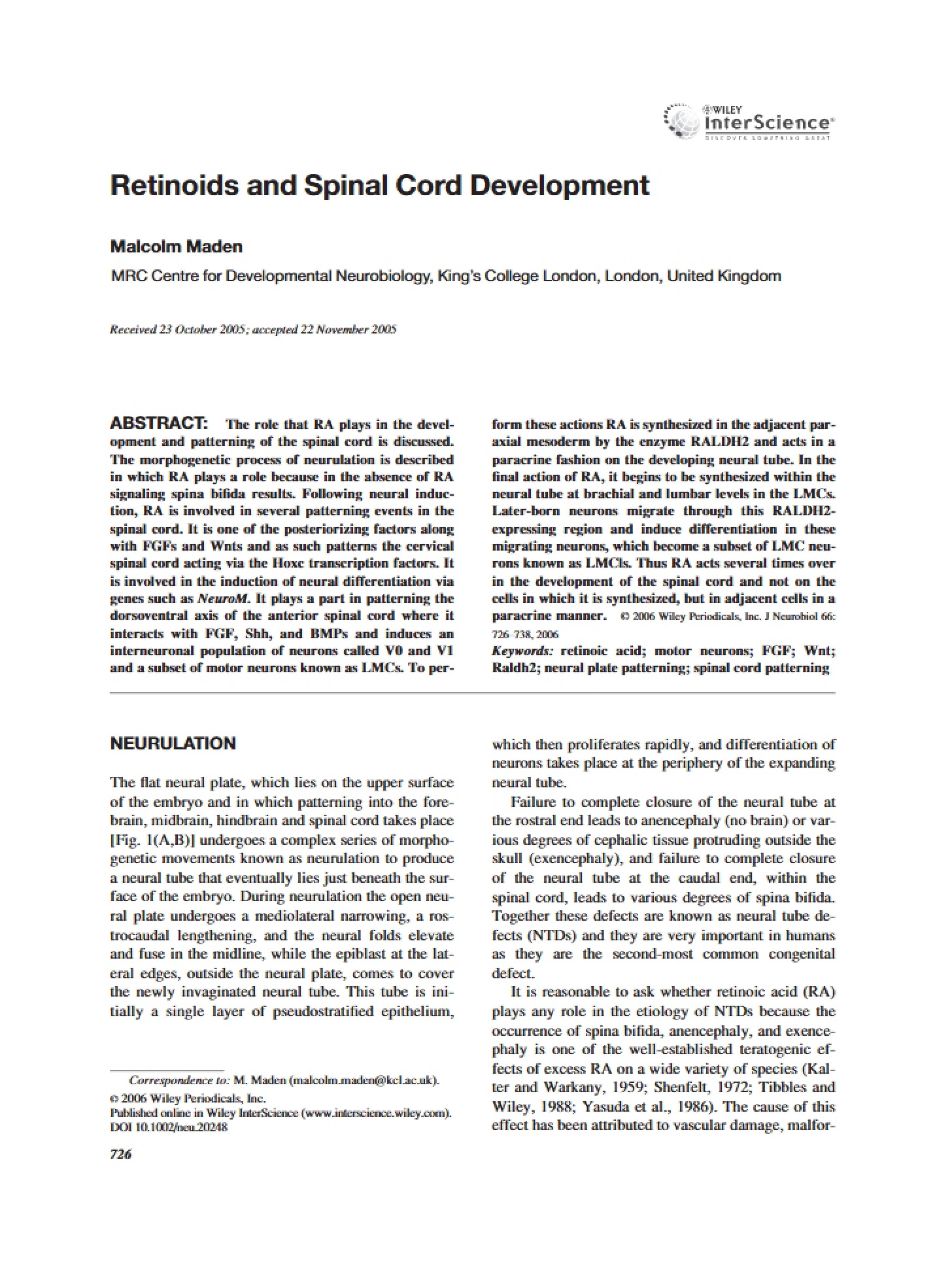 Spinal Cord Development and Retinoids