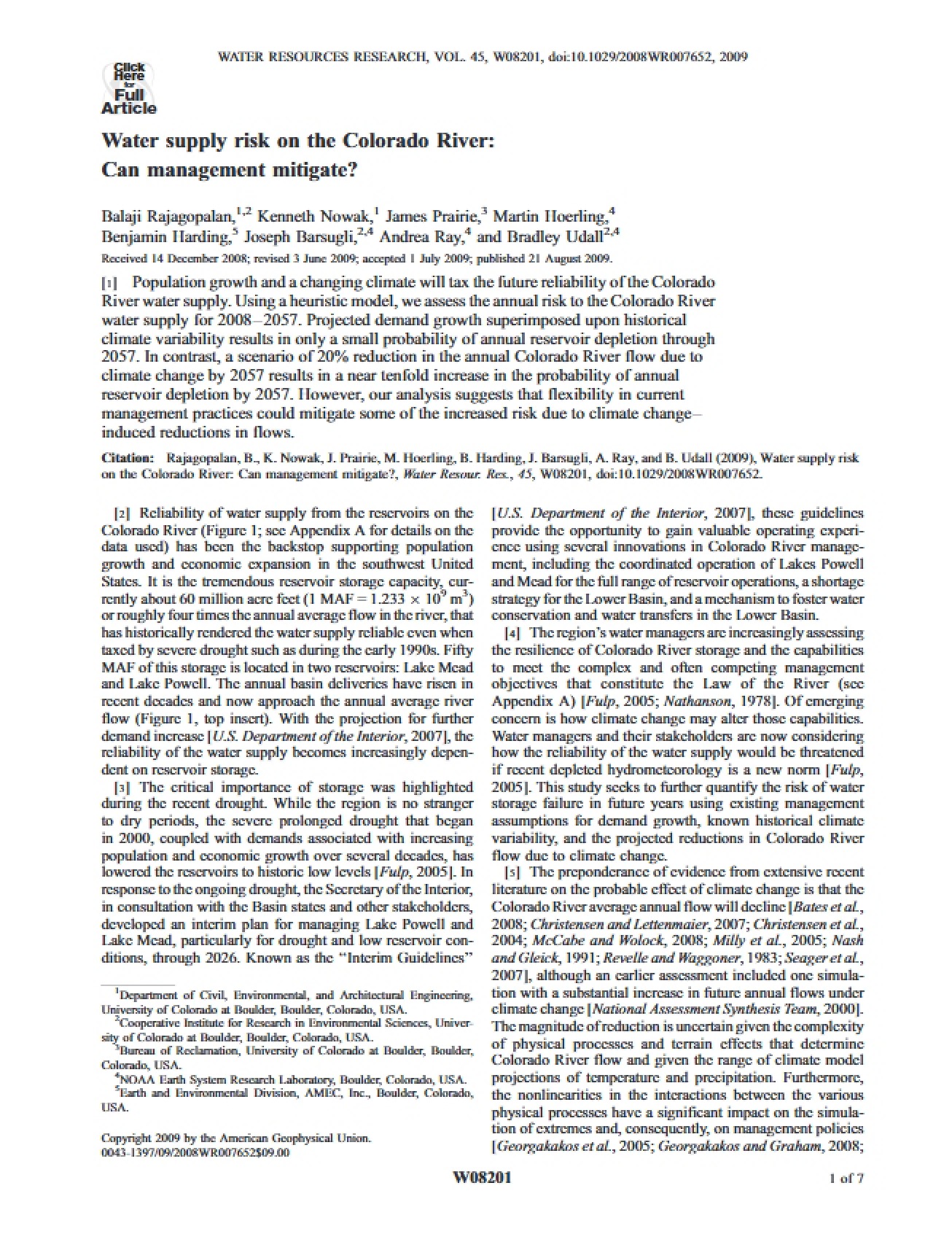 Water Supply Risk on the Colorado River - Topics in Physical Geography