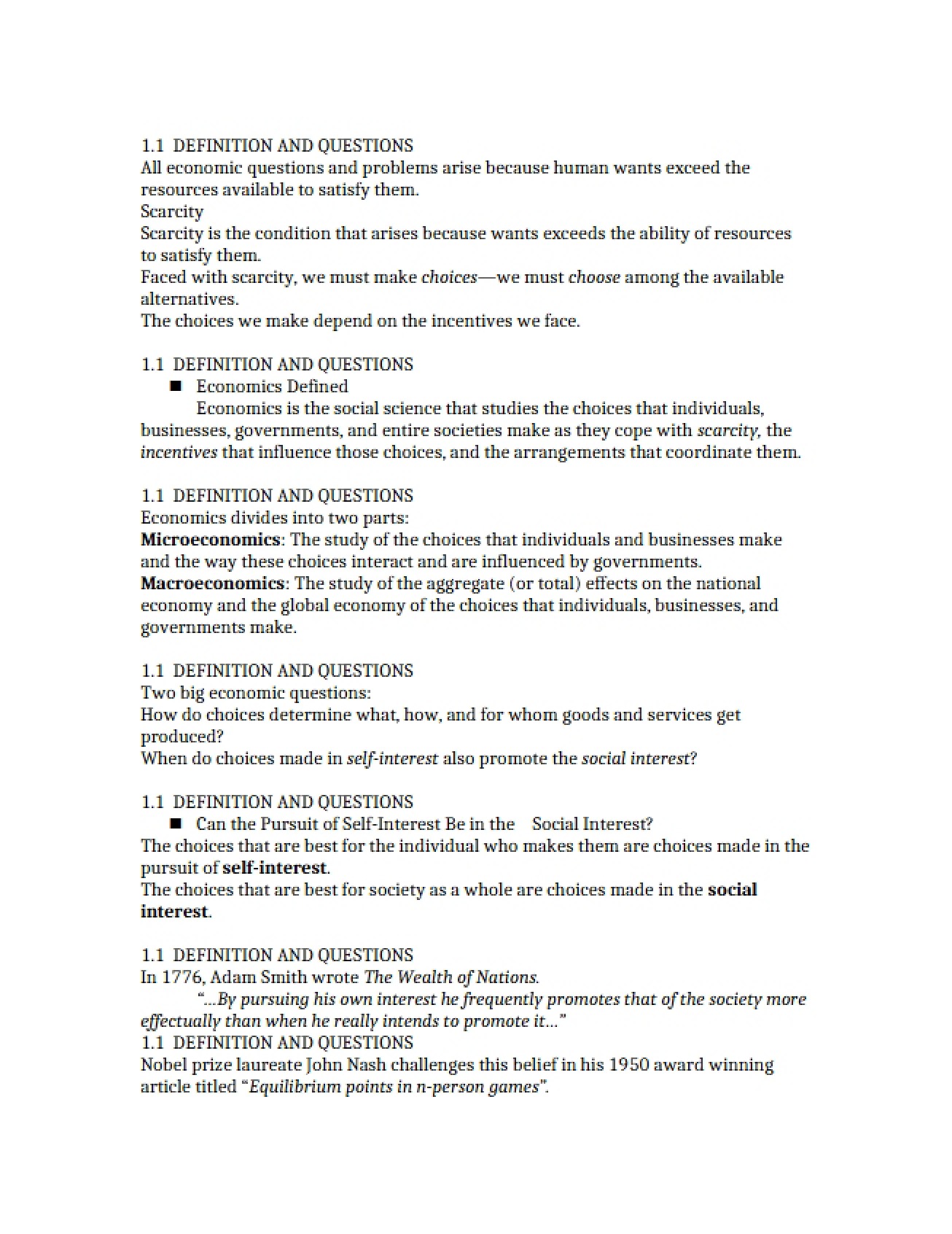 Definitions and Questions in Microeconomics