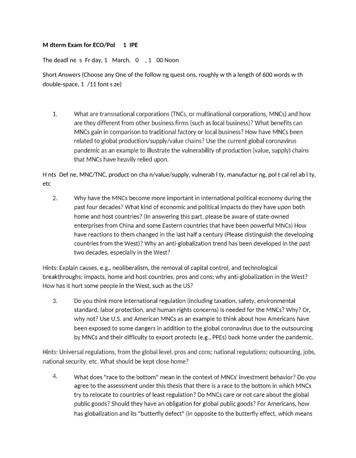ECO-Pol 251 Midterm Exam - IPE