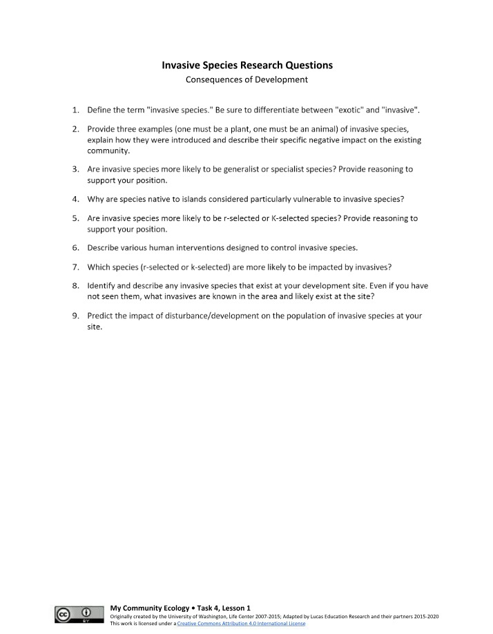 Research Questions on Invasive Species