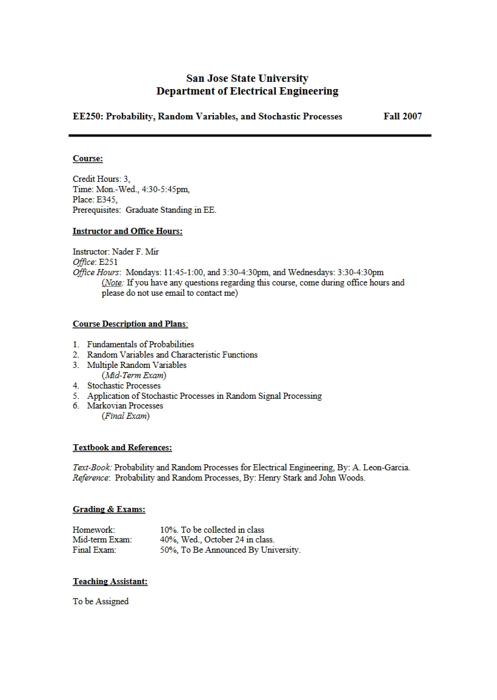 Syllabus for Probability and Random Variables - 2 Pages