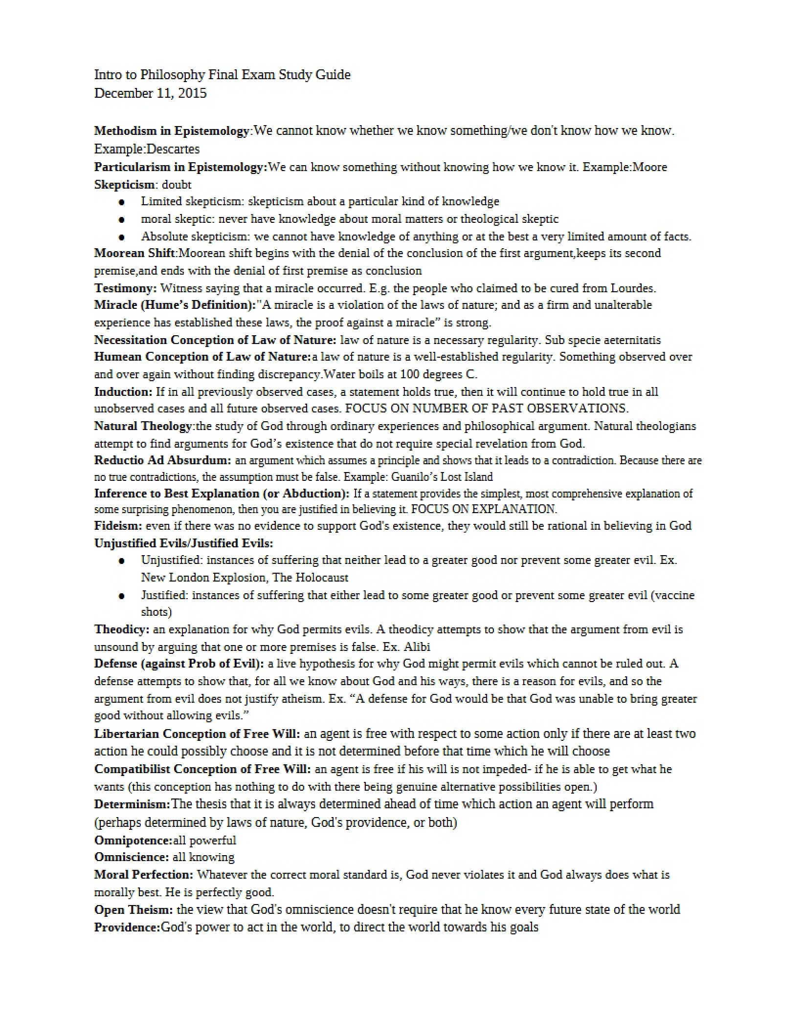 Final Exam Study Guide Intro to Philosophy