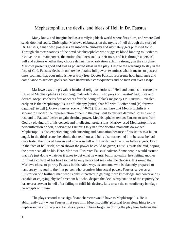 Dr. Faustus - Mephastophilis, Devils, and Ideas of Hell