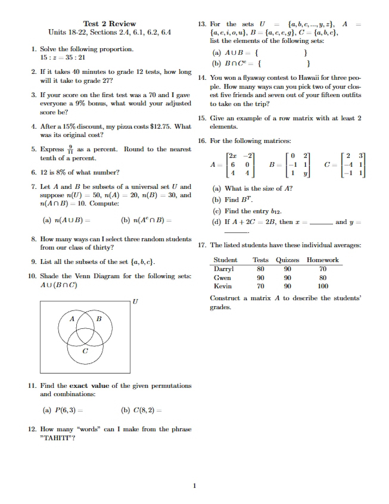 Review for Second Finite Math Test