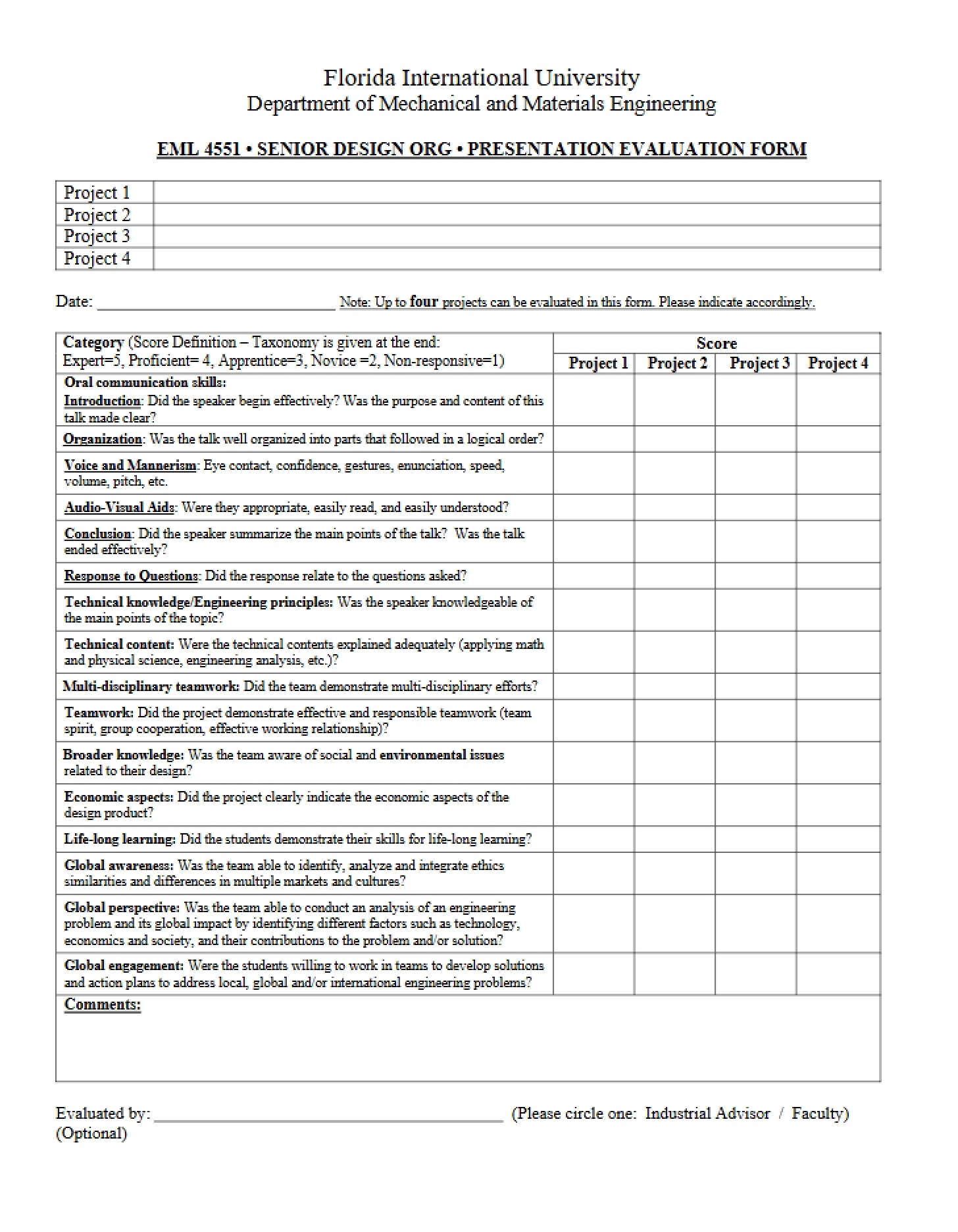 Form for Evaluating Presentations