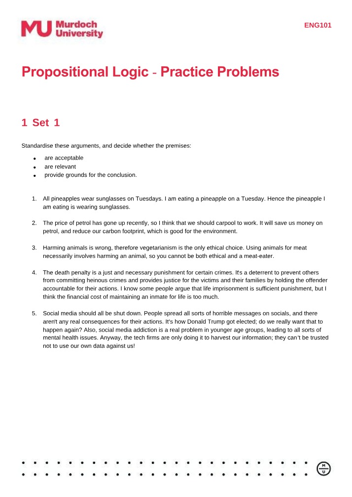 Practice Problems for Propositional Logic