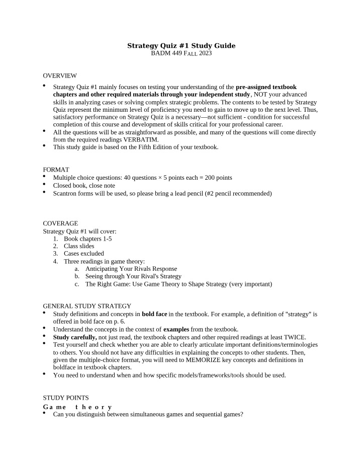 Study Guide for Strategy Quiz 1