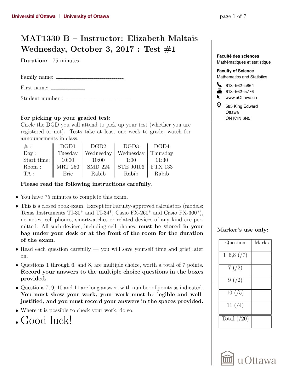 Test 1 - MAT1330 Section B (October 3, 2017)