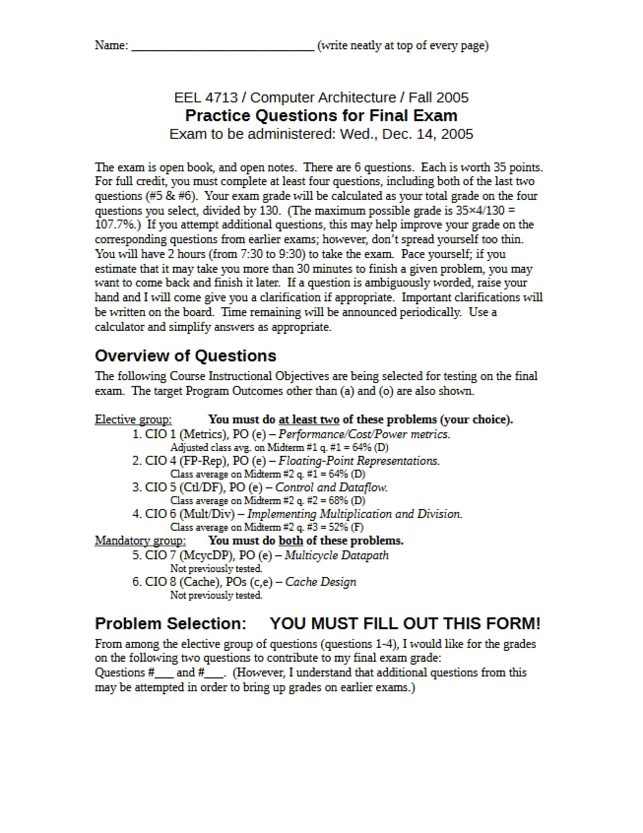 Set of Practice Questions for the Final Exam