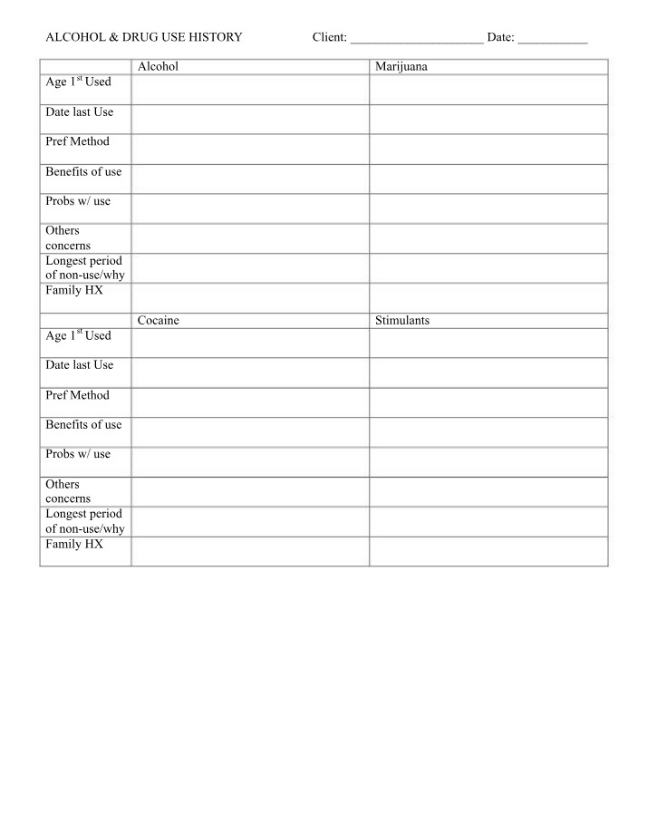 History Form for Alcohol and Drug Use