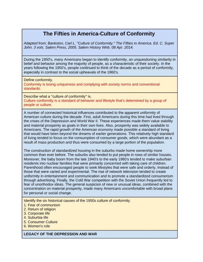 The Fifties in America - Culture of Conformity and Legacy