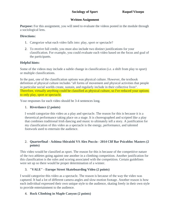 Sociology of Sport Written Assignment Draft