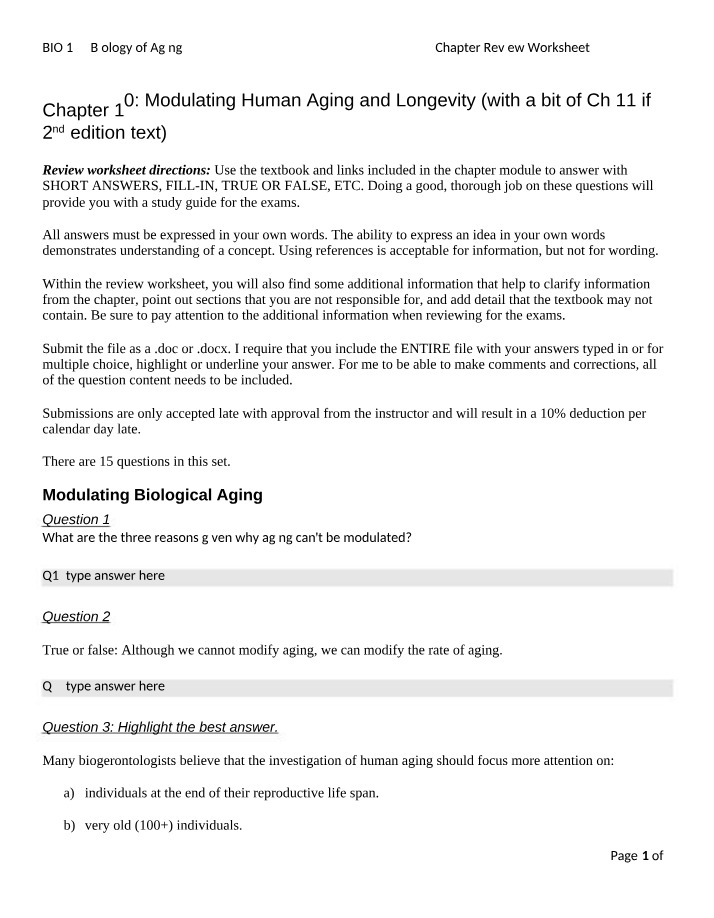 Worksheet for Chapter Review