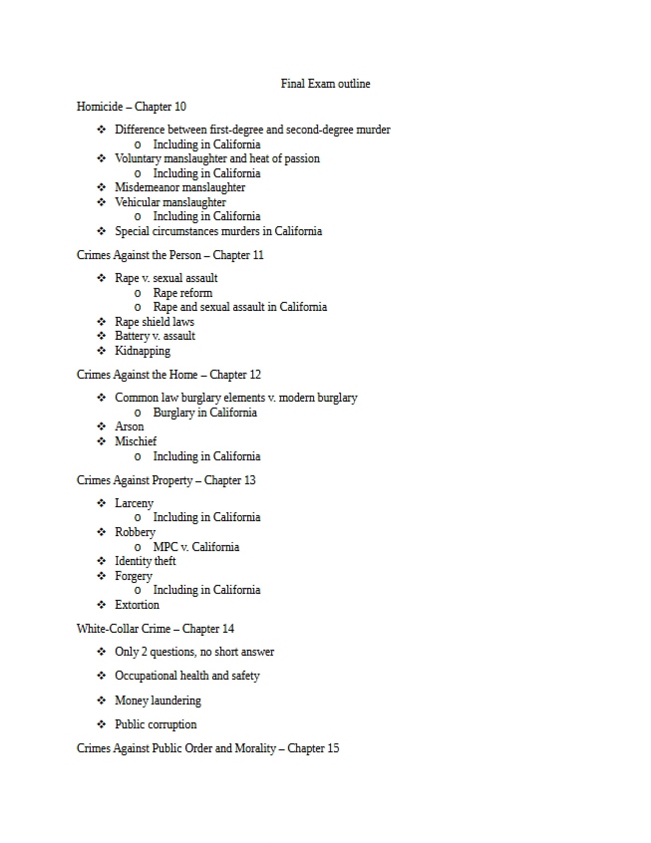 Outline for Final Examination