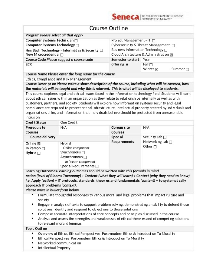 Ethics Compliance Risk Management IT Course Outline B