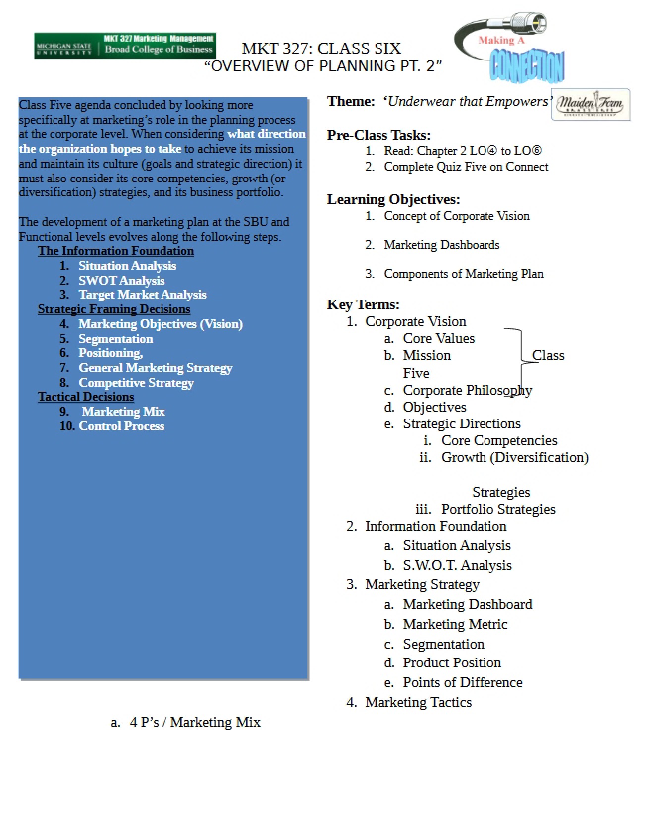 Planning Overview Part 2 Class 6