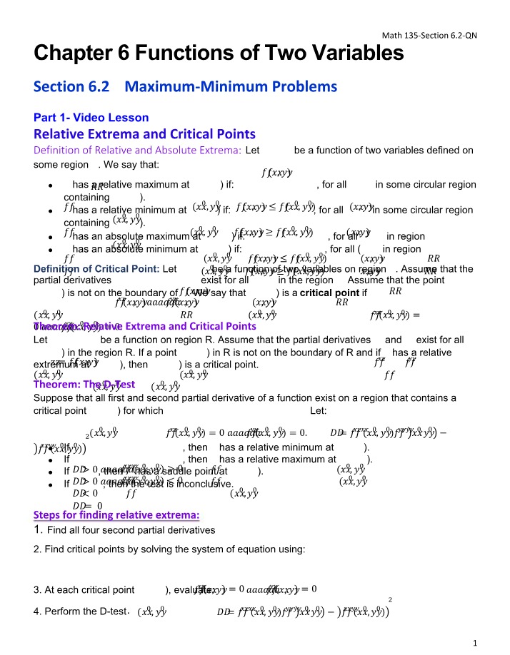 Functions of Two Variables - Finding Critical Points and Relative Extrema