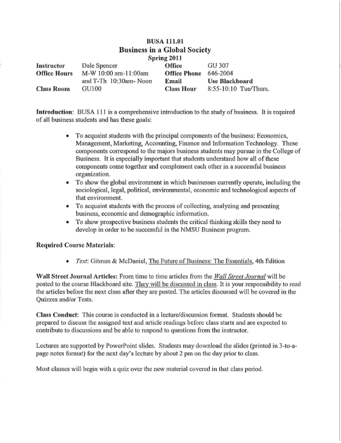 Syllabus for the Business in a Global Society Course