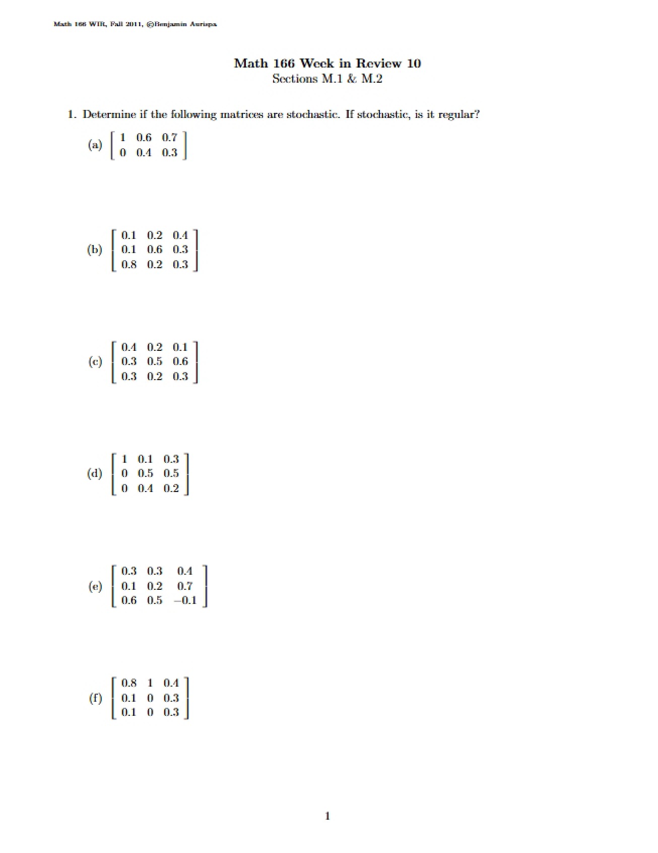 Weekly Review Worksheet Ten (2011, Version C)