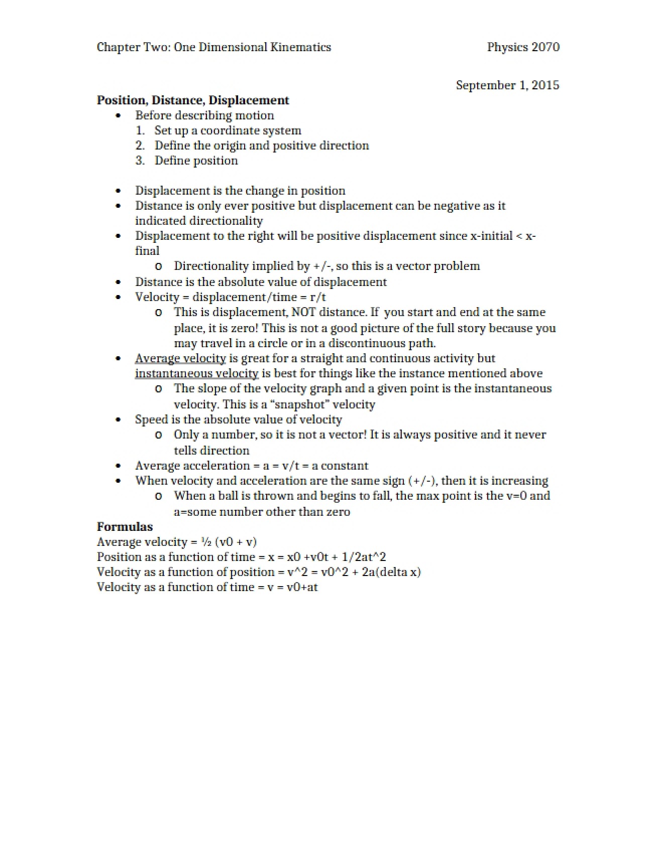 Kinematics in One Dimension (Chapter Two)