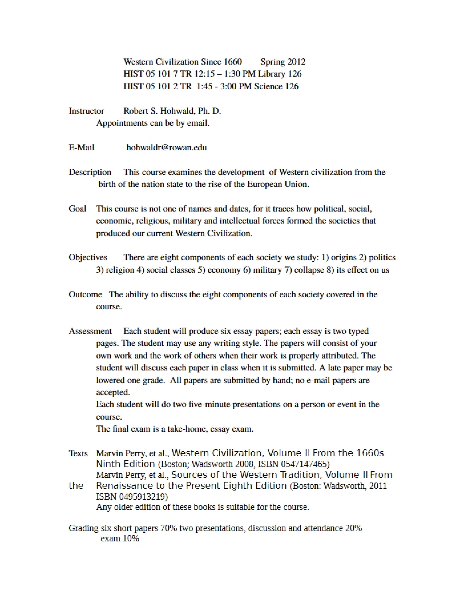 Syllabus for Western Civilization Since 1660 - Western Civilization Since 1660