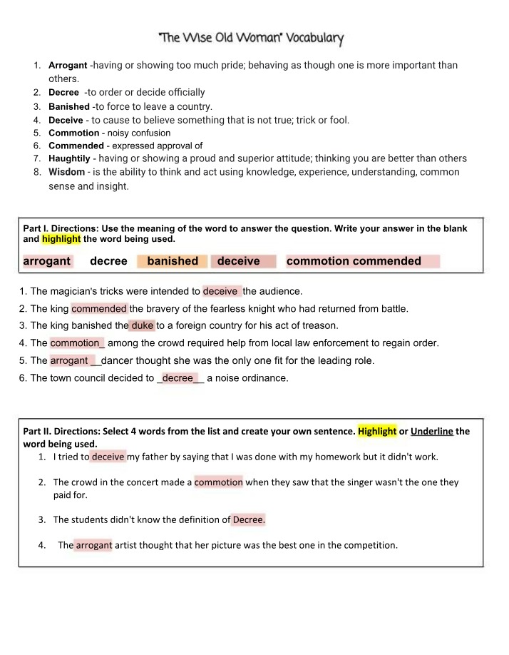 Vocabulary for The Wise Old Woman