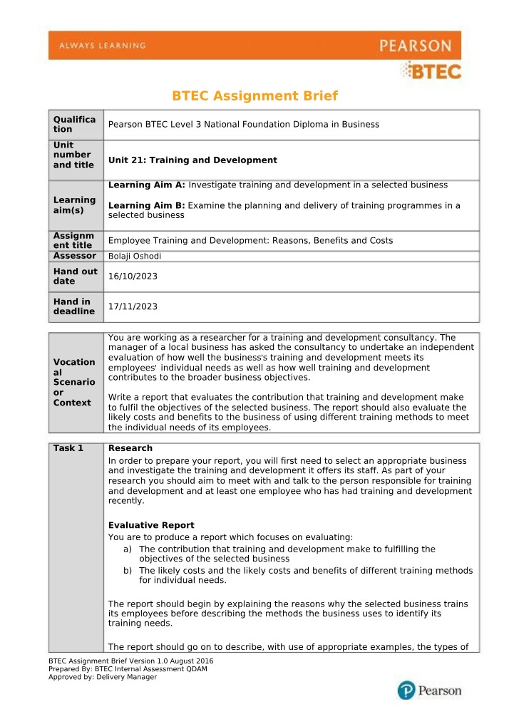 BTEC A1 Assignment Brief