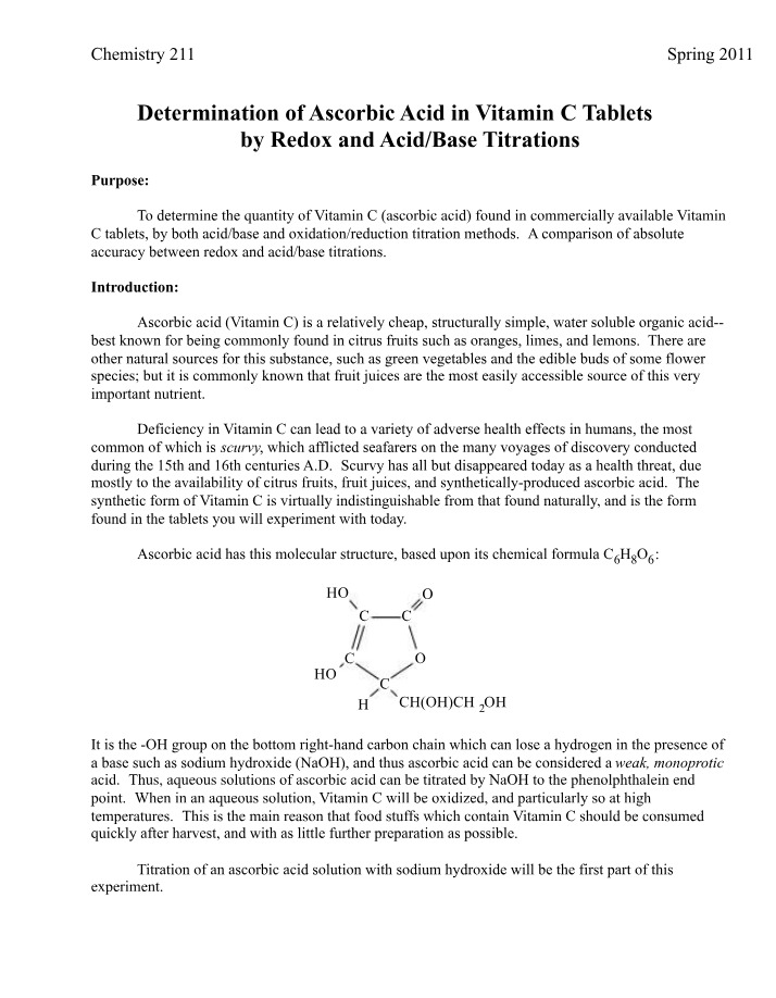 Redox and Acid-Base Titrations for Ascorbic Acid Determination in Vitamin C Tablets