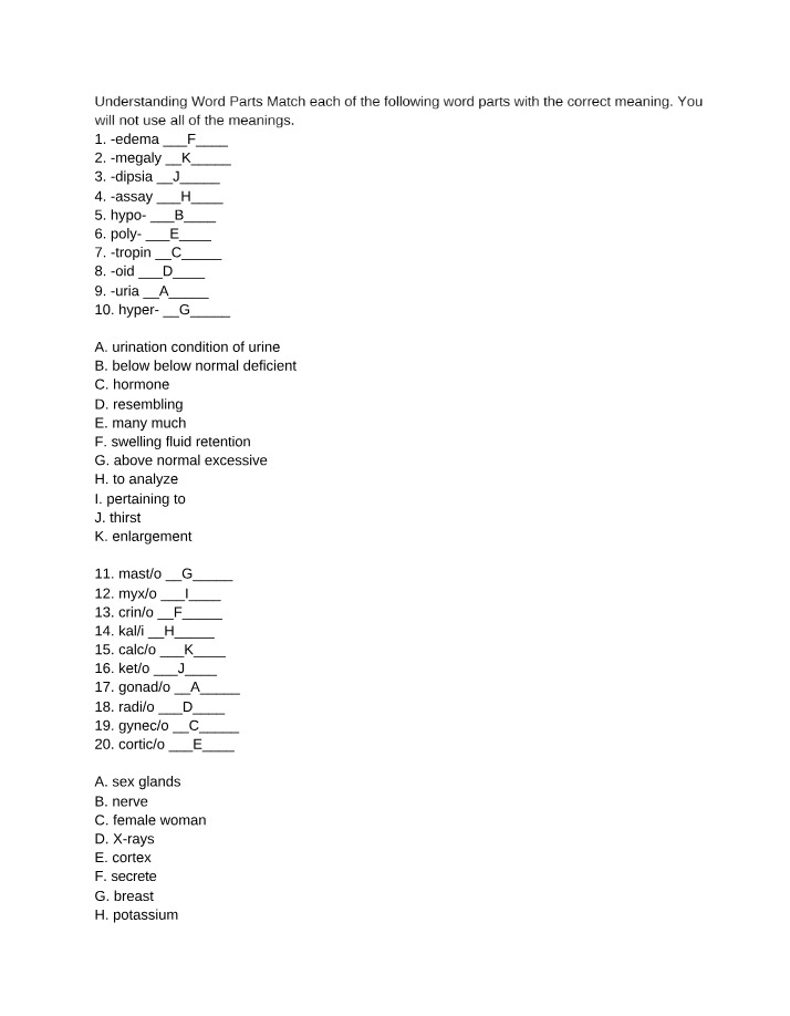 Word Parts - Edema, Megaly, Dipsia, and Assay