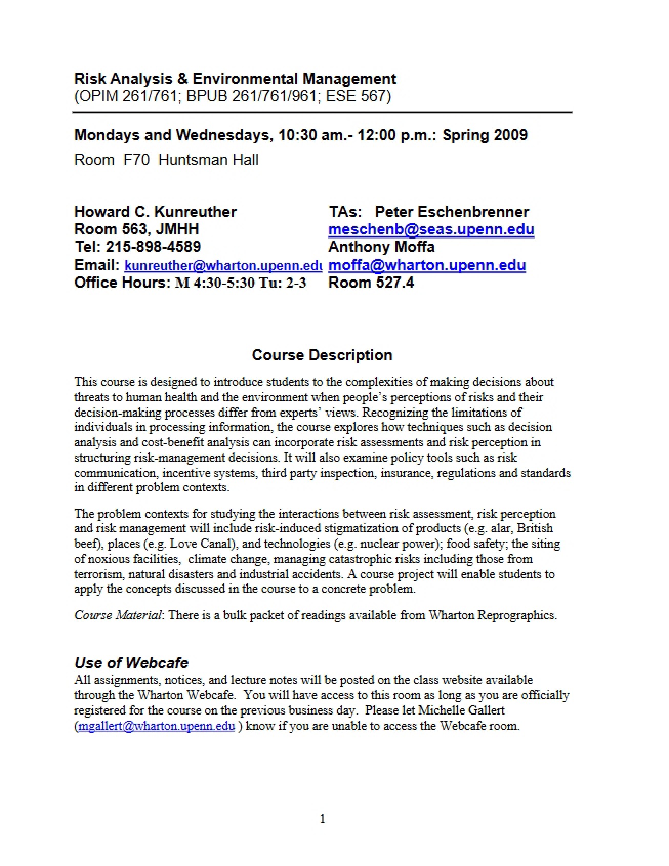 Risk Analysis and Environmental Management Syllabus
