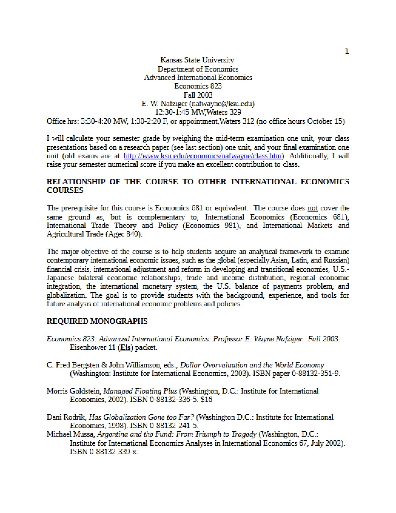Sample Syllabus for an Advanced International Economics Course